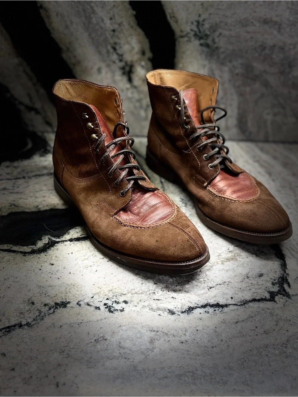 Santoni Italy Brown Suede Leather Two Tone Lace Up Boots Men’s UK 9.5 US 10.5